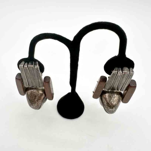 Vintage Modern Handmade Mask Clip On Earrings Pewter? Wood Tribal Easter Island - Picture 8 of 12